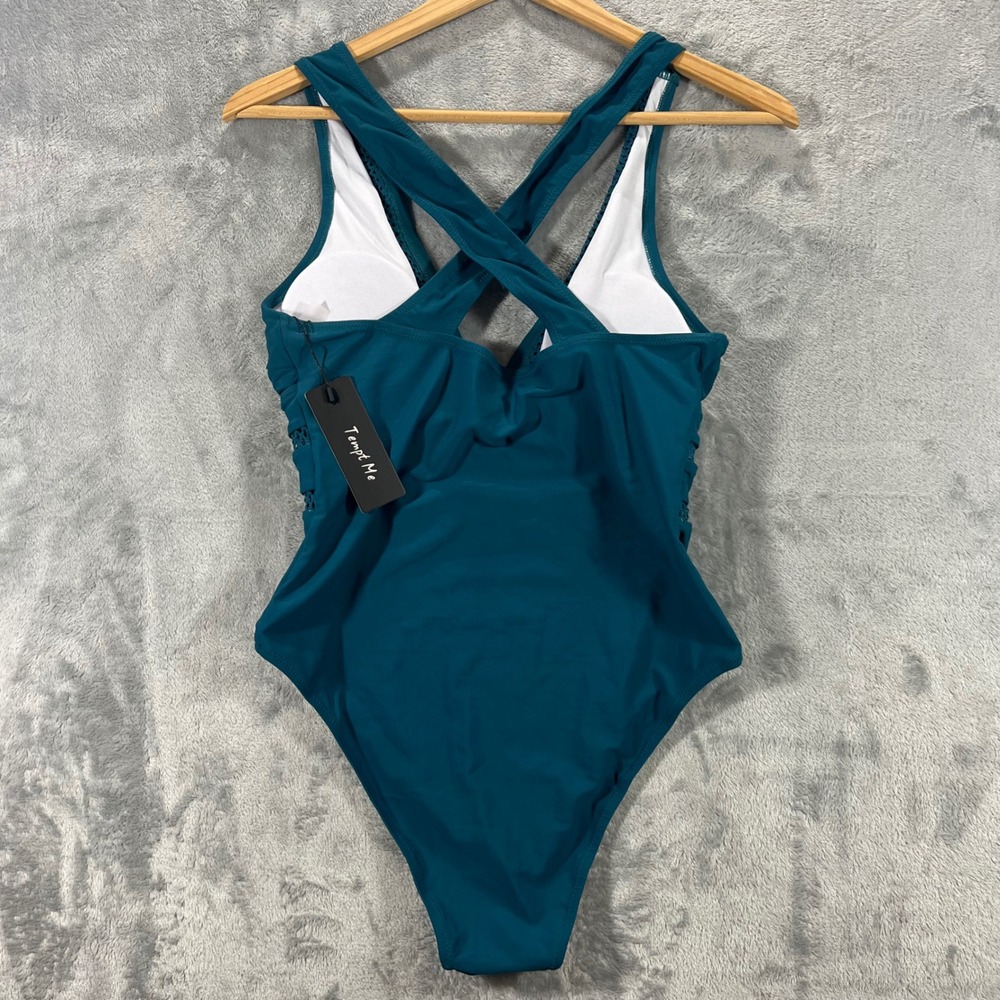 Tempt Me One Piece Swimsuit Womens Small Teal Blue New‎ Crochet Mesh V-Neck - Picture 2 of 11